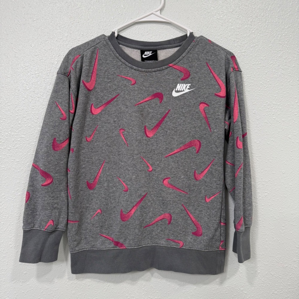 Nike Kids Grey Pink All Over‎ Swoosh Logo Print Crewneck Sweatshirt Size Medium